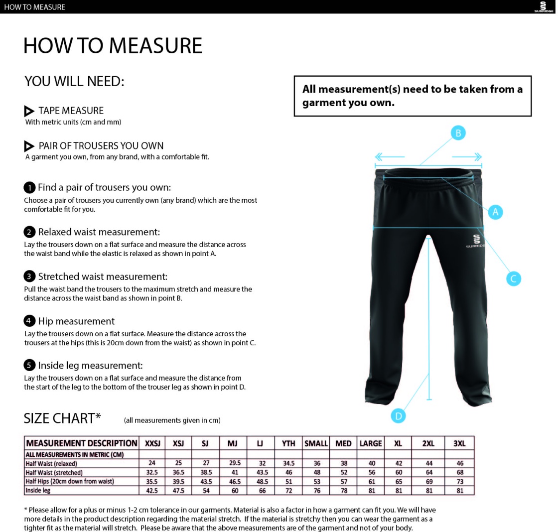 Bournemouth CC POPLIN TRACK PANT WITH LYCRA - Size Guide