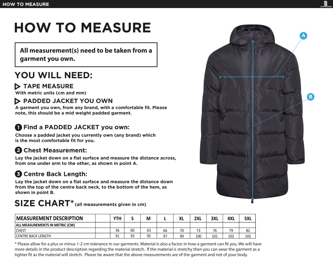Bournemouth CC ACTIVE LONG PADDED JACKETS - Size Guide