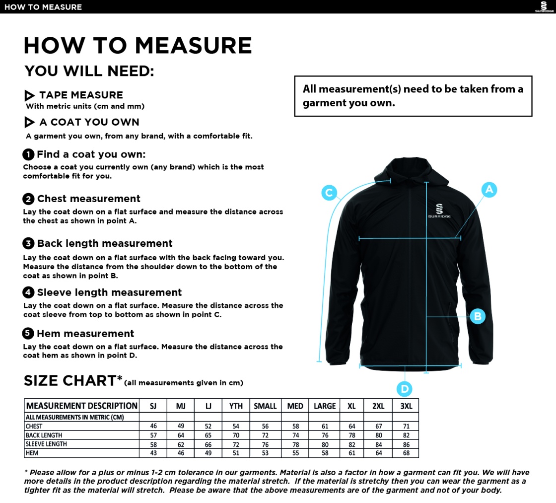 BOURNEMOUTH CC Dual Elite 1/4 Zip Hoody / Rain Jacket - Size Guide