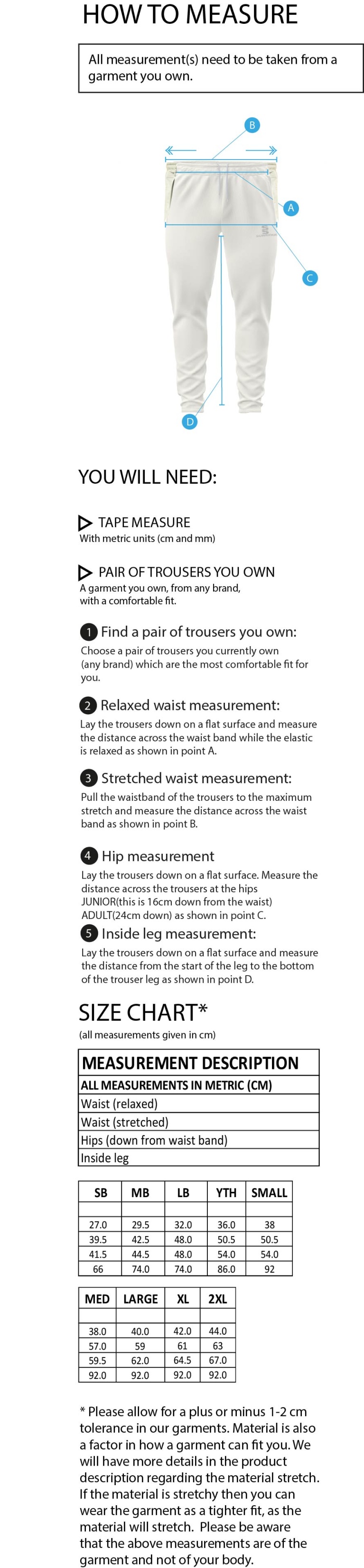 Bournemouth CC Blade Playing Pant - Size Guide