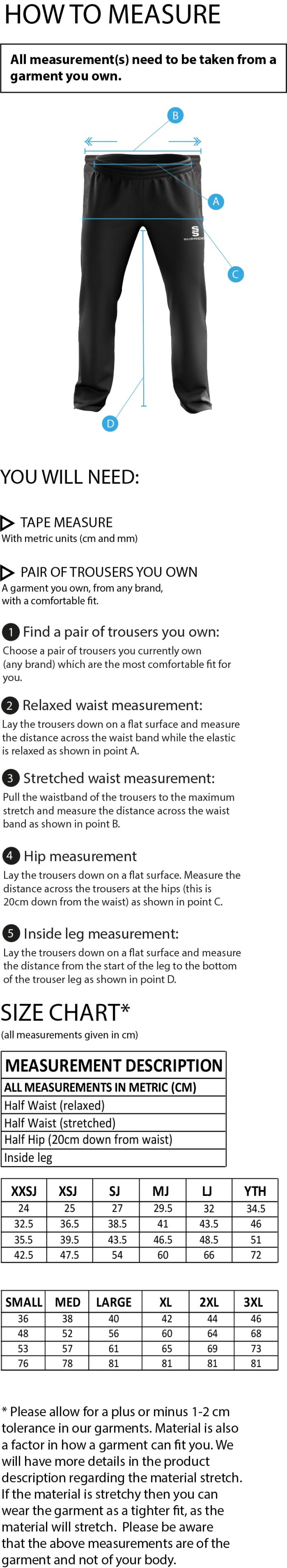 Bournemouth CC POPLIN TRACK PANT WITH LYCRA - Size Guide