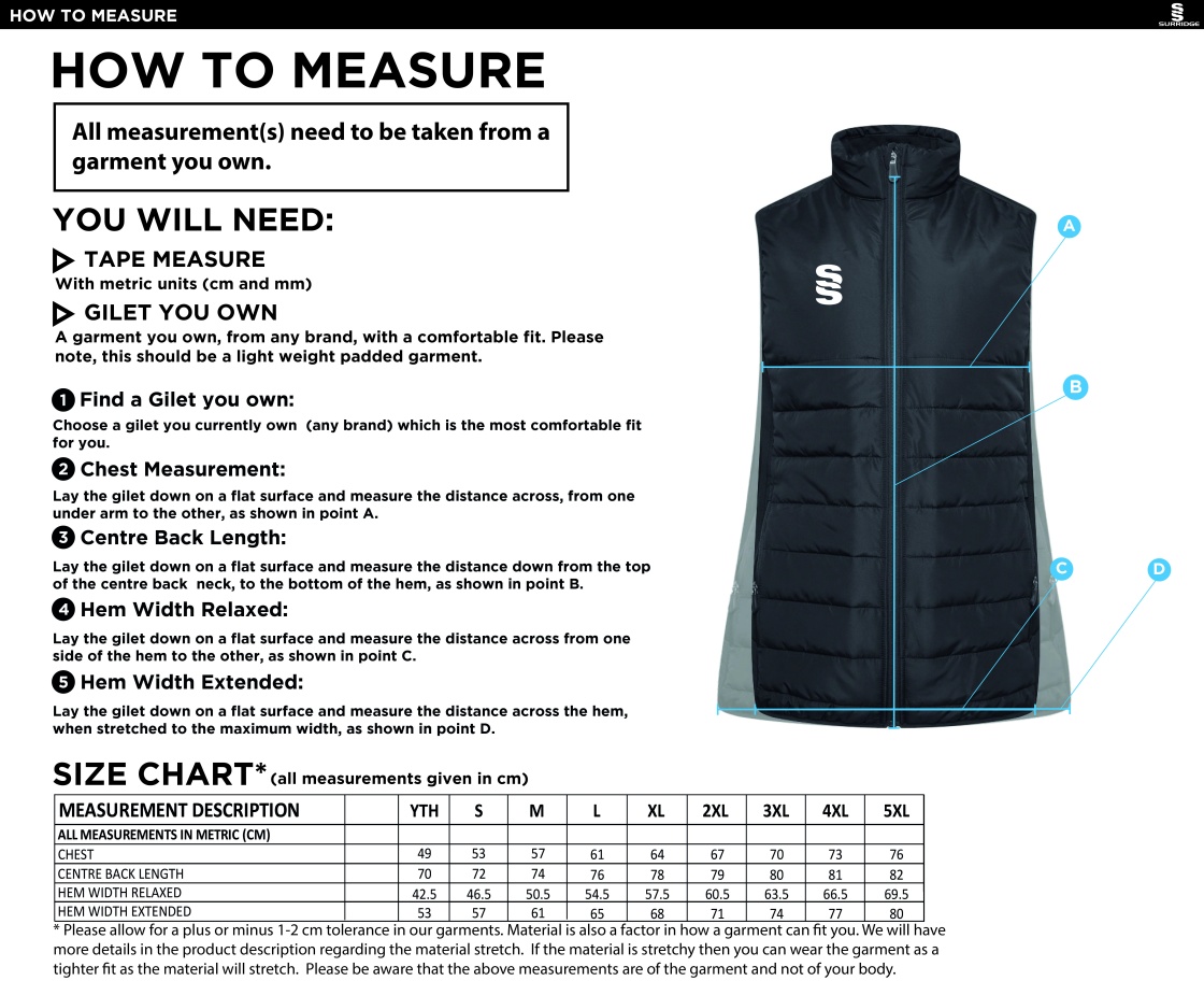 Bournemouth CC ACTIVE GILET - BLACK - Size Guide
