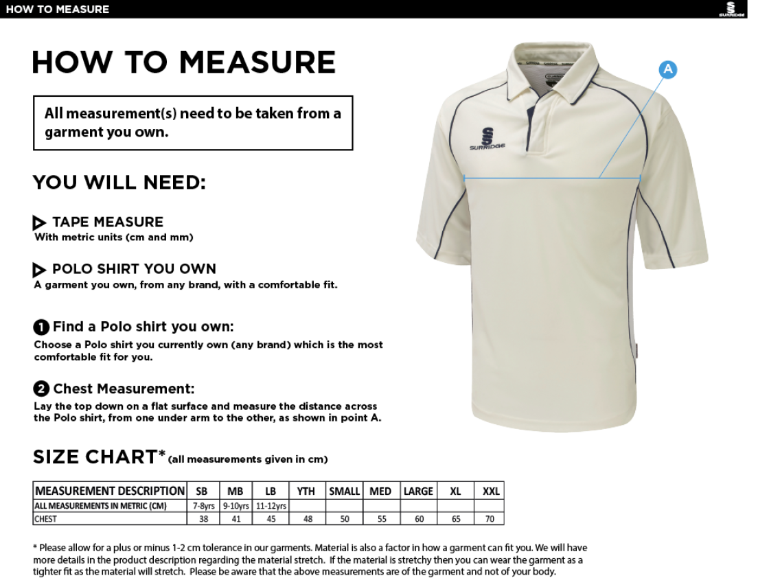 Bournemouth CC Dual Premier Short Sleeve Shirt - Size Guide