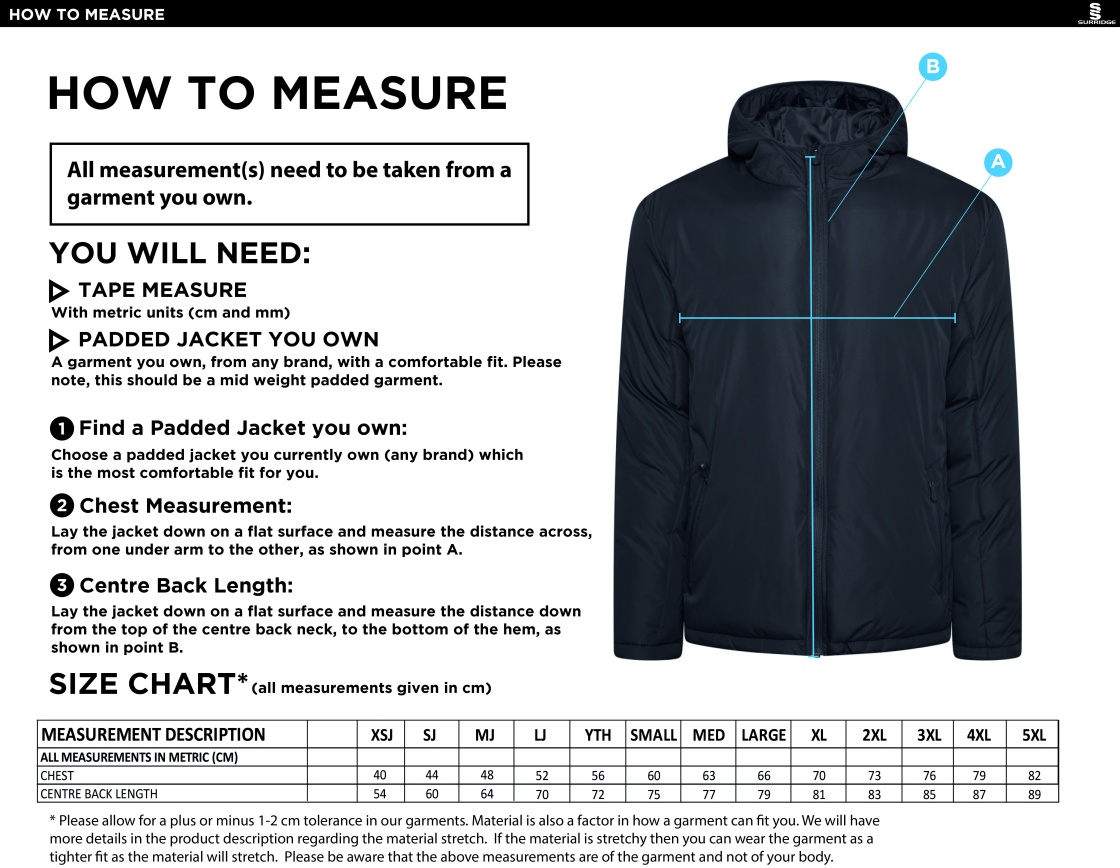 Bournemouth CC Active Padded Jacket - Black - Size Guide