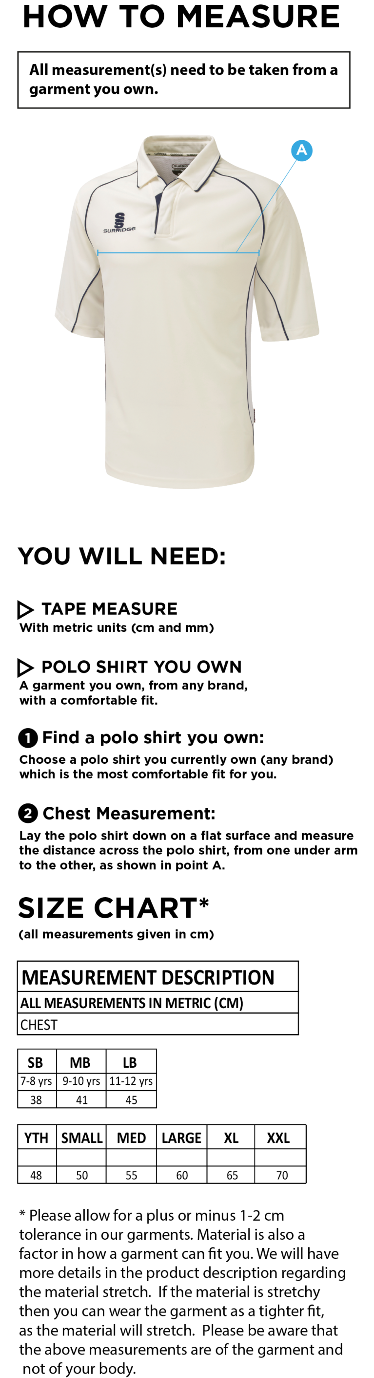 Bournemouth CC Dual Premier Short Sleeve Shirt - Size Guide