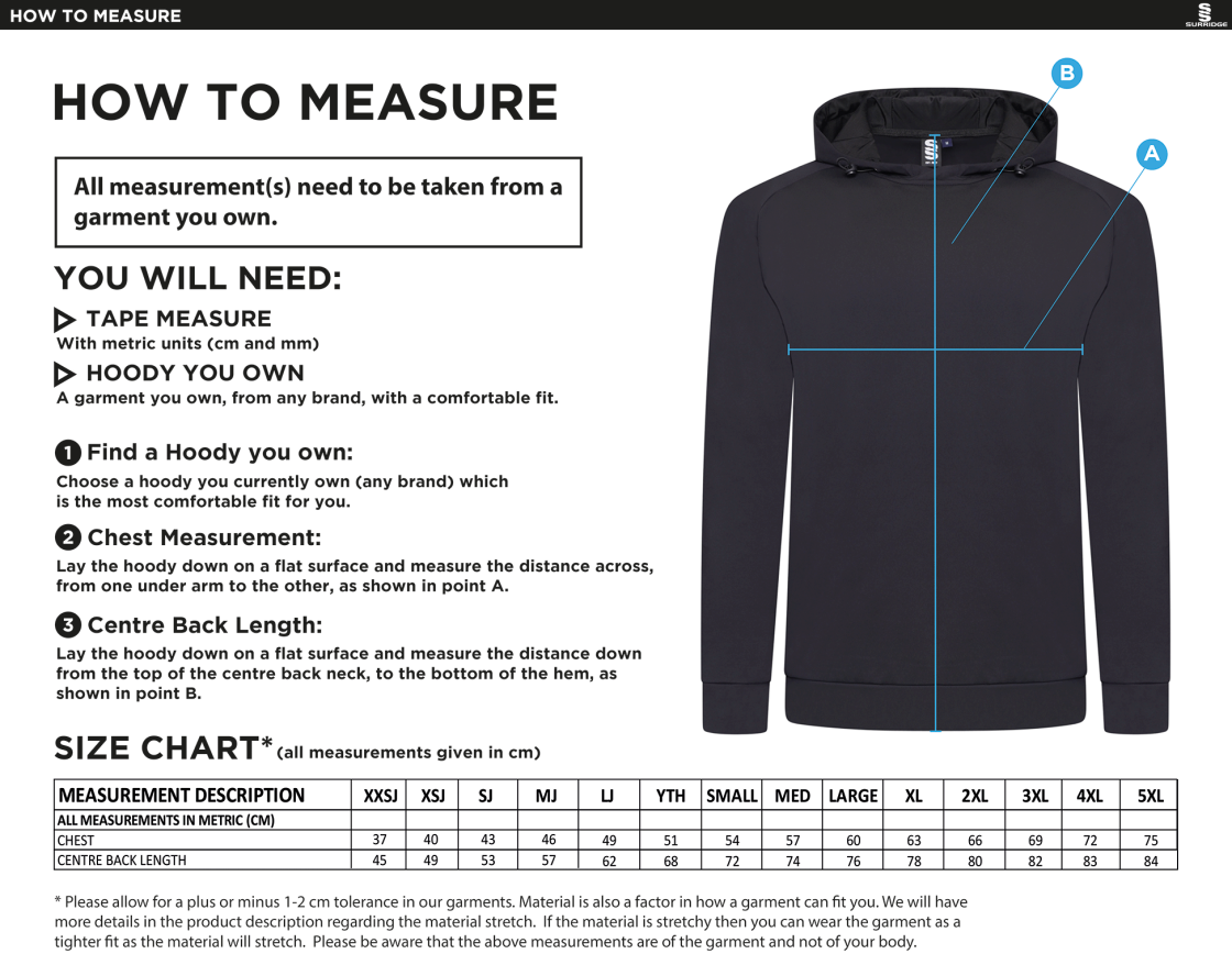 Bournemouth CC ACTIVE HOODY BLACK - Size Guide