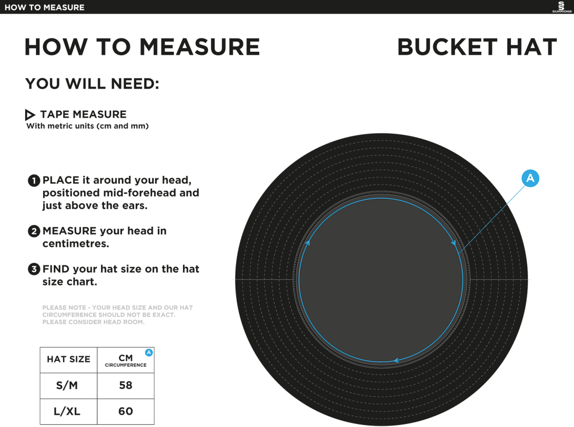 Bournemouth CC Dual Bucket Hat - Black - Size Guide