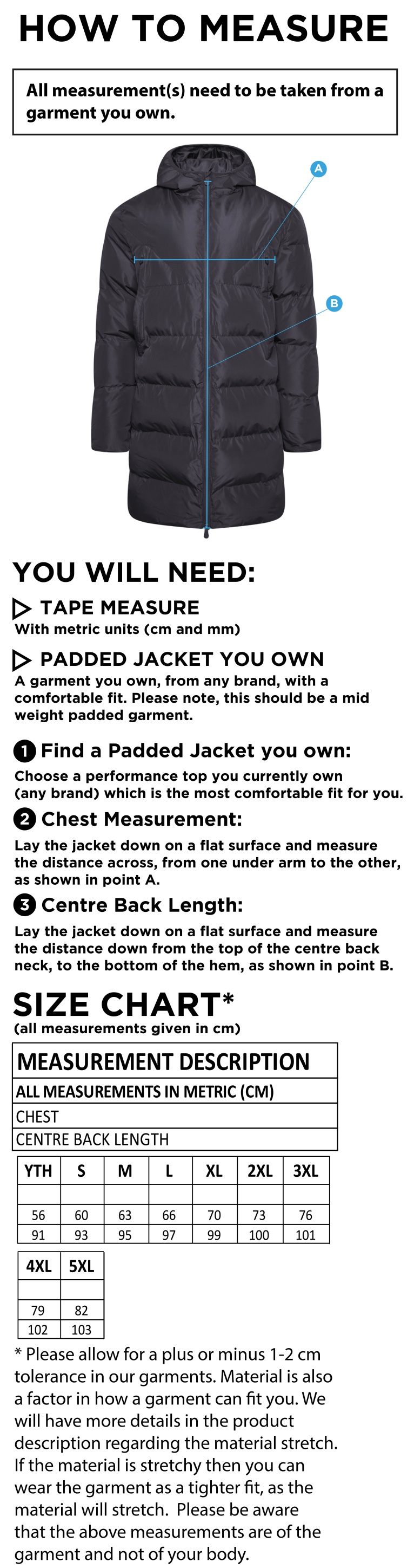 Bournemouth CC ACTIVE LONG PADDED JACKETS - Size Guide
